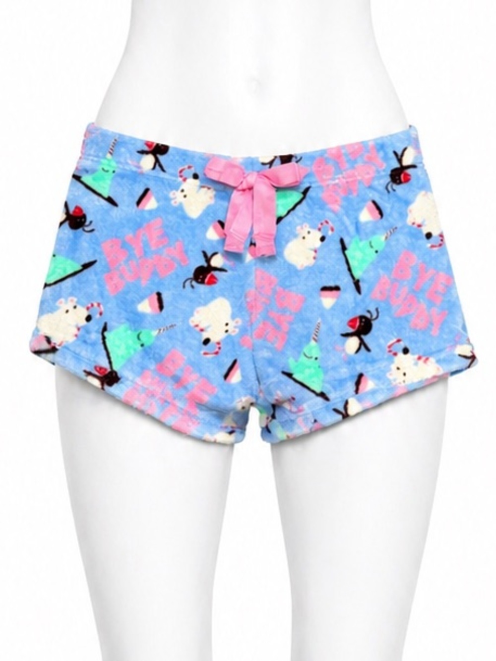 ELF Bye Buddy Plush Fleece Shorts - Blue with Pink Accents size medium